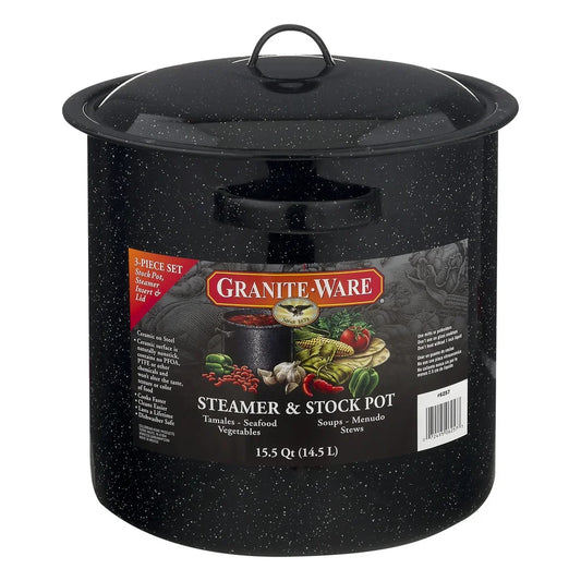 Enamel on Steel Multiuse Pot, Seafood / Tamale / Stock Pot Includes Steamer Insert, 15.5-Quart, Black