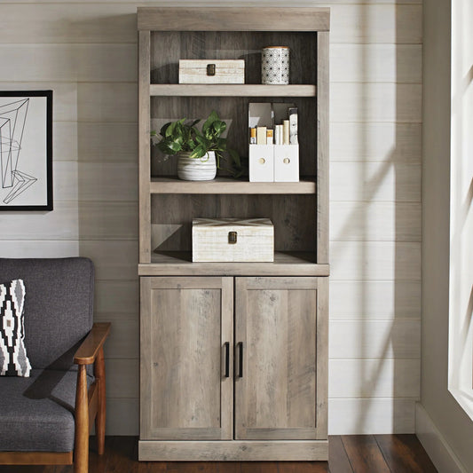 Glendale 5 Shelf Bookcase with Doors, Rustic Gray Finish - Charann Global