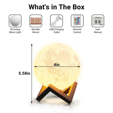 Moonlight Night Light for Kids Adults, 4Inch/3D Printing Moon Lamp Night Lamp for Bedroom Decor, 16 Color Moon Decor for Kids Bedroom Decor - Charann Global