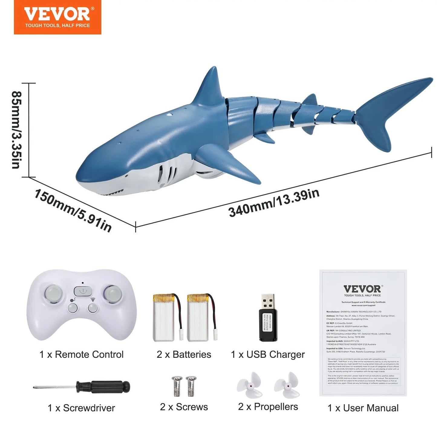 VEVOR Remote Control Shark Toy 2.4 Ghz High Speed RC Boat for Kids Adults Gift
