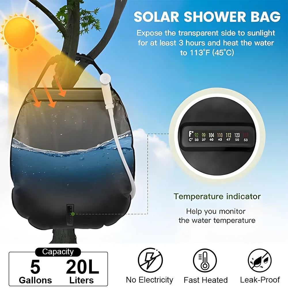 Solar Portable Shower Bag for Camping, 5 Gal/20L,Outdoor Shower, Compact Camping Shower for Camping, Hiking,Traveling, Beach Swimming